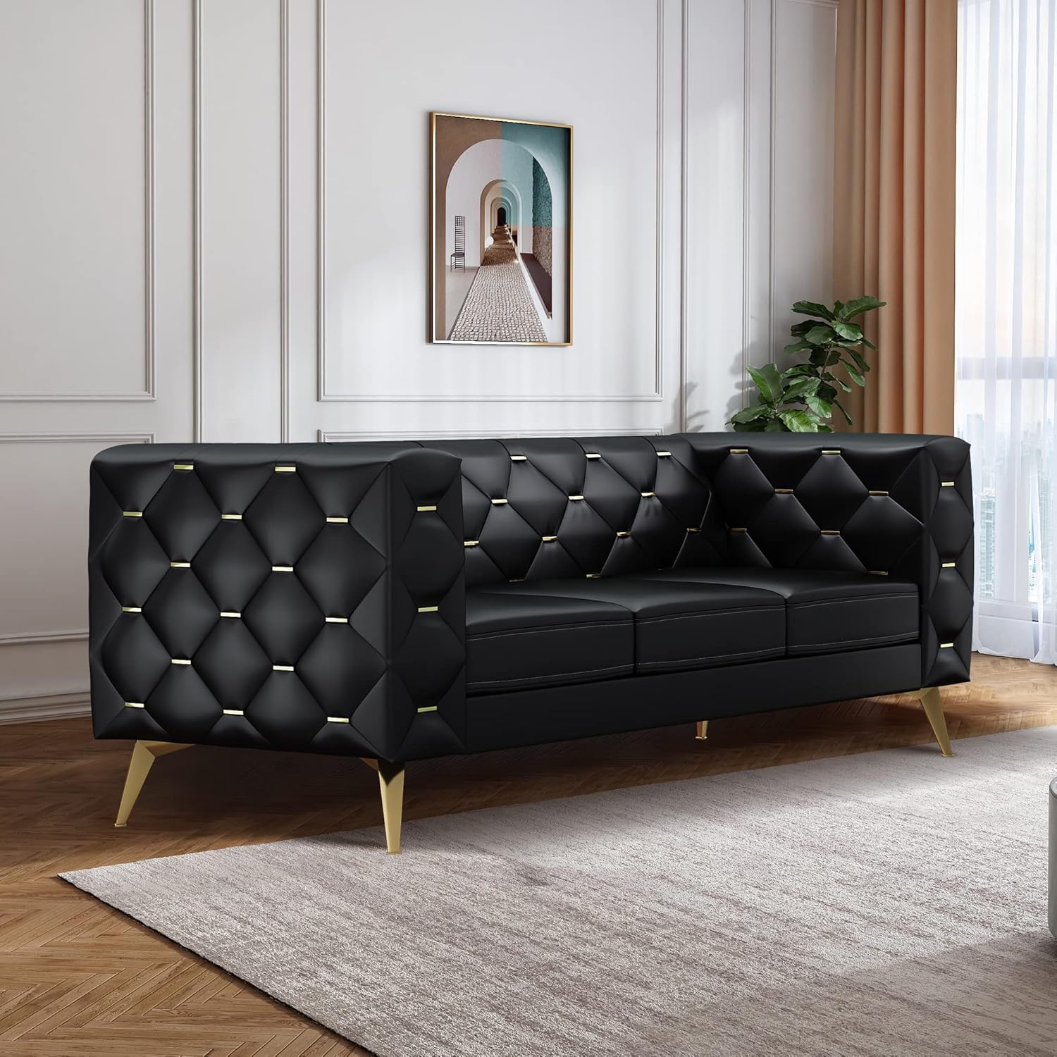 3 Seater Sofa For Home Furniture Made in ply with Leatherette and Tufted Back & MS Legs Powder Coated