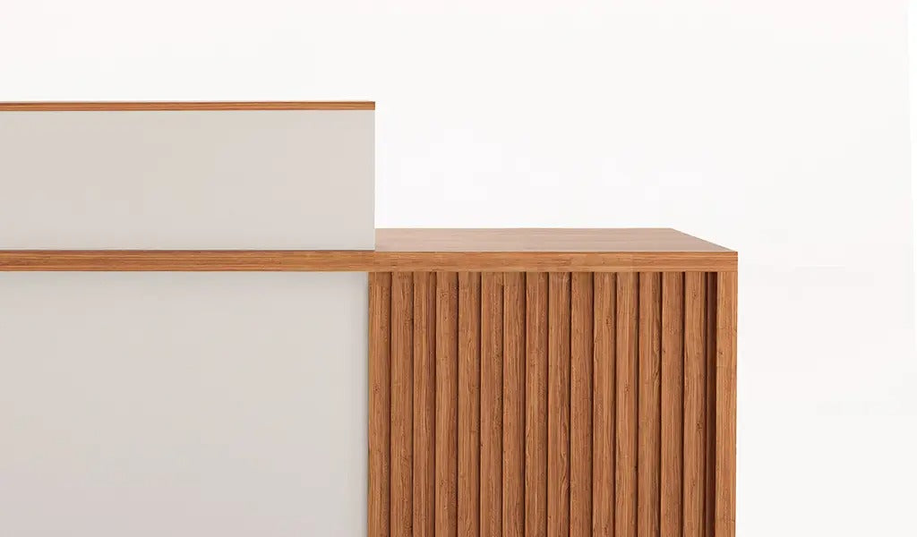 Reception Table Made In Engineered Wood with A Seating Capacity of One To Two Persons It Is Designed In A Combination of Seagull Grey and Sandalwood Laminate