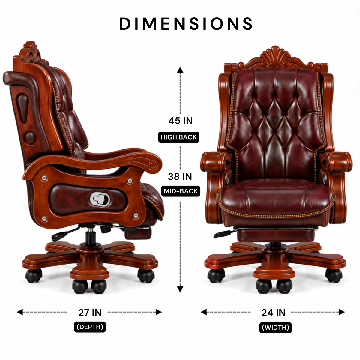 Luxury Office Director Chair Made in Teak wood with Leatherette and Soft Padded - Armrest and Swivel Base and Polish, 150° Reclining Office Seat -Brown
