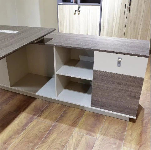 Director & Executive L-Shape Office Table Made in MDF with Side Unit Storage, Drawer, CPU Storage & Wire Manager - Beige & White