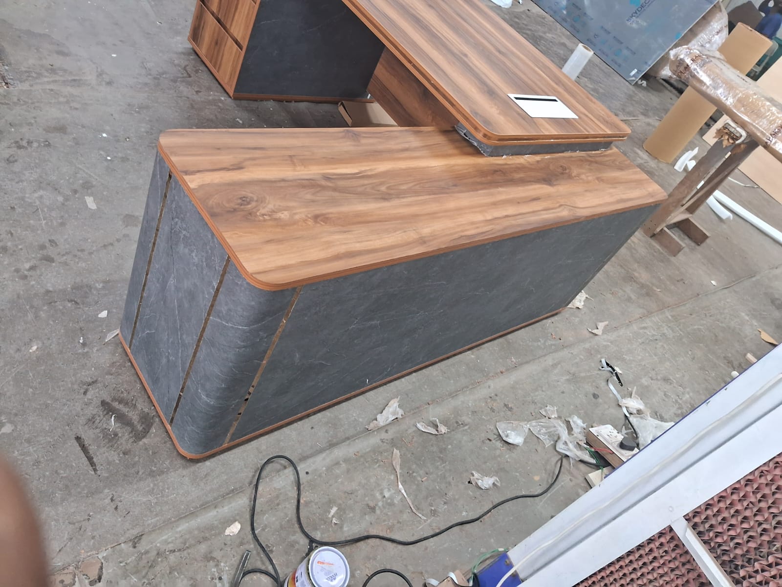 Luxury Design Director L-Shape Office Table Multi Function with Integrated Wire box & CEO Perfect for Spacious Cabin - Walnut - Grey