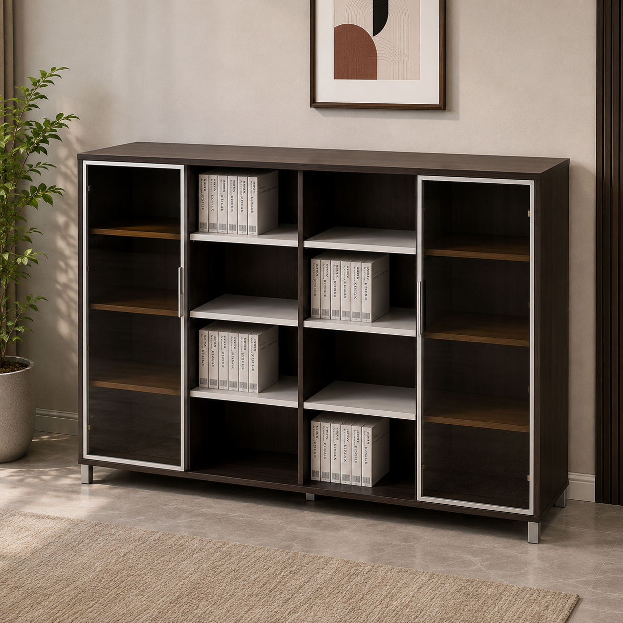 Modern storage cabinet featuring glass doors, open shelving, and spacious compartments for organized storage of books, files, décor, and office essentials.