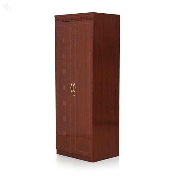 2-Door Honey Brown Wardrobe with Hanging Space, Drawers & Shelf – Compact Yet Spacious Design
