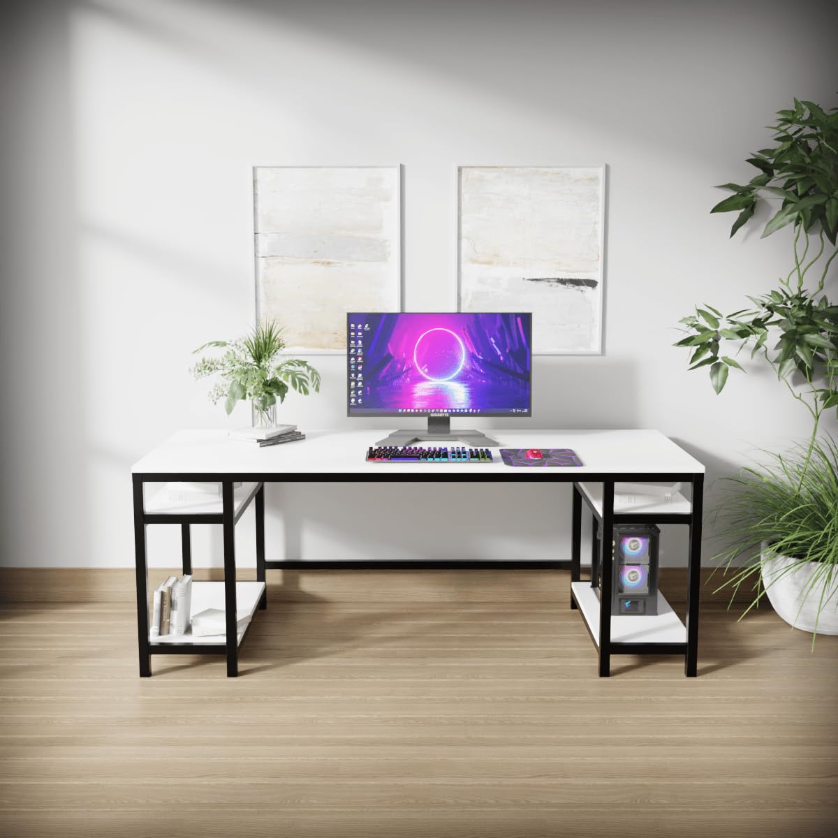 Modern Computer Table with Dual Storage Shelves, White Particle Board and Black Metal Frame – Spacious Work Desk