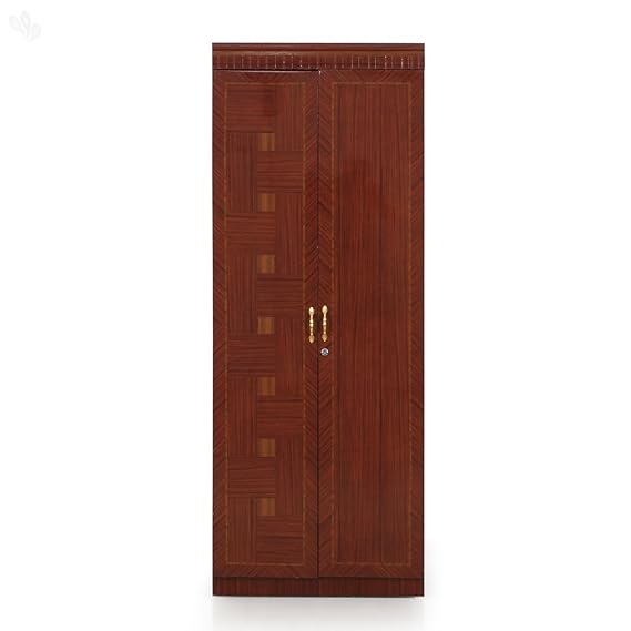 2-Door Honey Brown Wardrobe with Hanging Space, Drawers & Shelf – Compact Yet Spacious Design