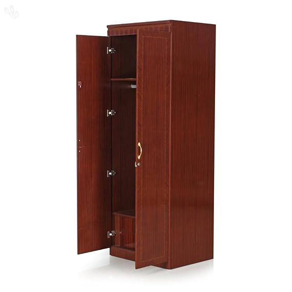 2-Door Honey Brown Wardrobe with Hanging Space, Drawers & Shelf – Compact Yet Spacious Design
