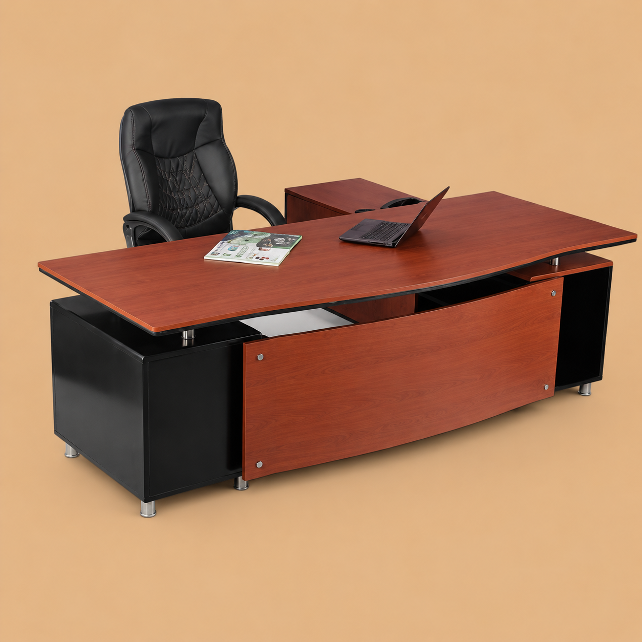 Director and Executive L Shape Office Table Made Particle Board with Side Unite and Openable Shutter & Drawers