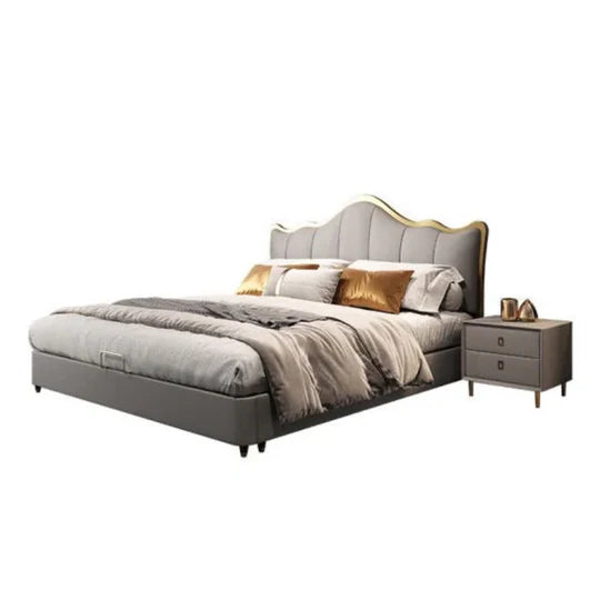 Luxury Curved King Size Bed with Storage,& Solid Wood Frame, Upholstered