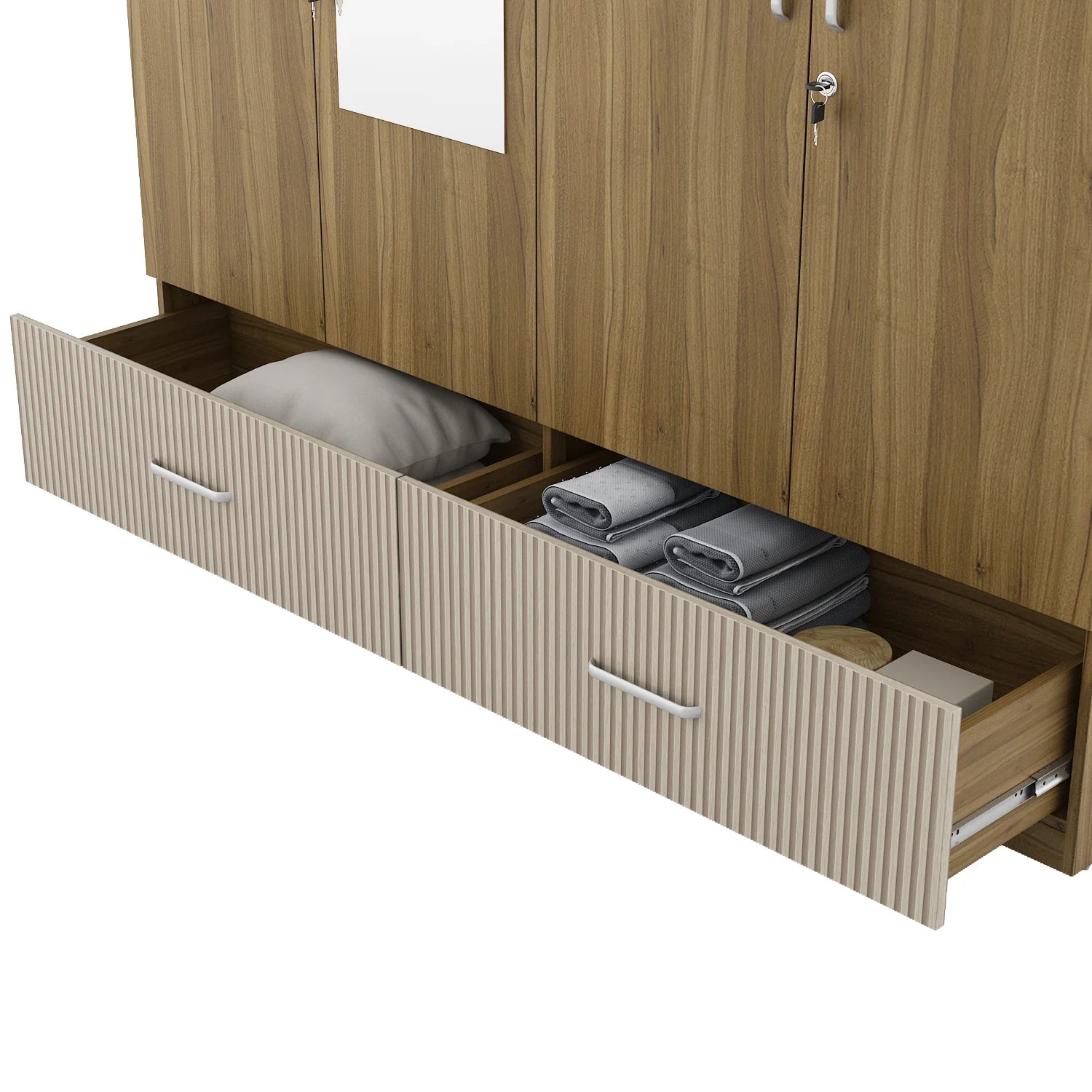 Wardrobe for Home 4-Door Modern Look, Luxurious High-Gloss Finish and Metallic Touch Handles