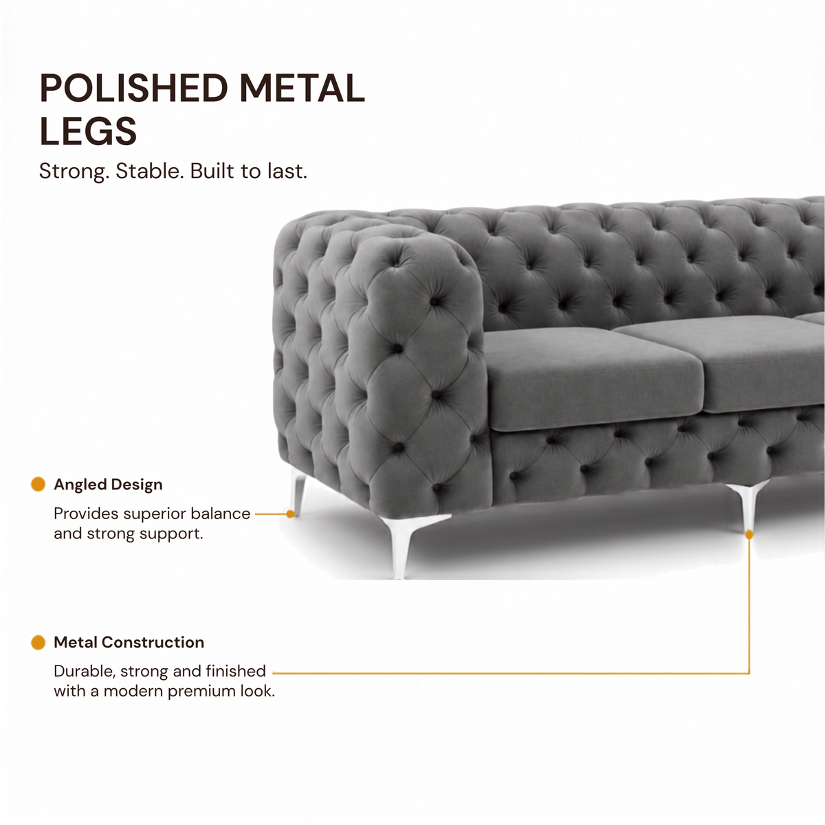 Premium Chesterfield 3 Seater Sofa with Deep Diamond Button Tufting, Curved Arms, Plush Cushioned Seats & Sleek Metal Legs