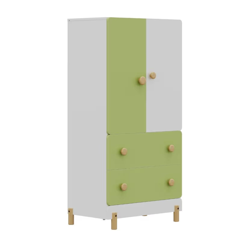 Wardrobe for Kids Room in Green White with Shelves Drawers – Stylish Storage 2 Door 2 Drawer