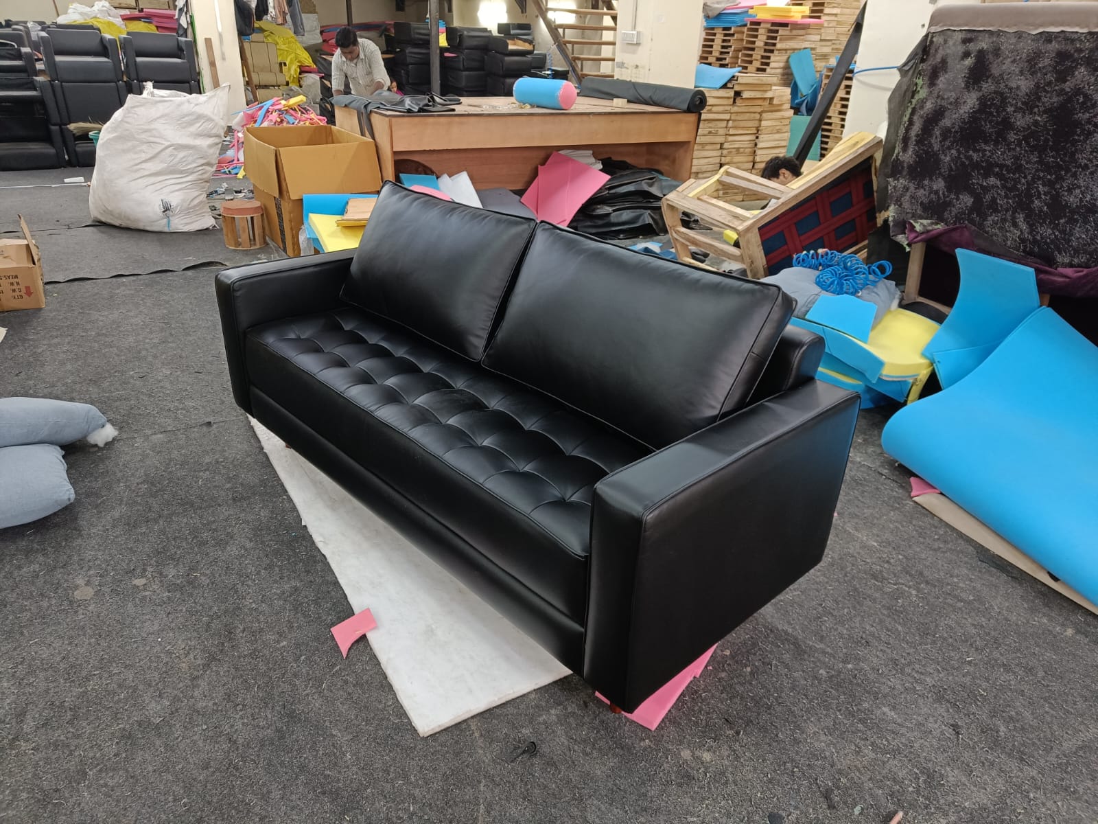 3 Seater Leatherette Sofa with Wooden Legs