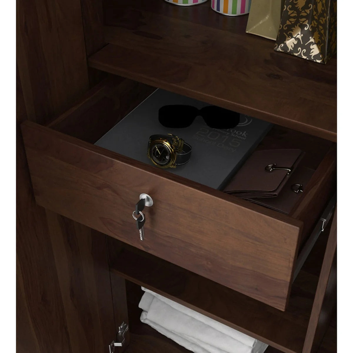 Wardrobe for Bedroom – 3‑Door Closet Hanging Rods & Shelves, Elegant Walnut Finish, Durable Particle Wood