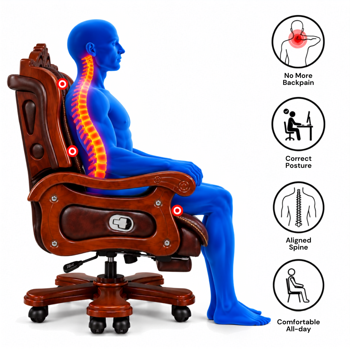 Luxury Office Director Chair Made in Teak wood with Leatherette and Soft Padded - Armrest and Swivel Base and Polish, 150° Reclining Office Seat -Brown