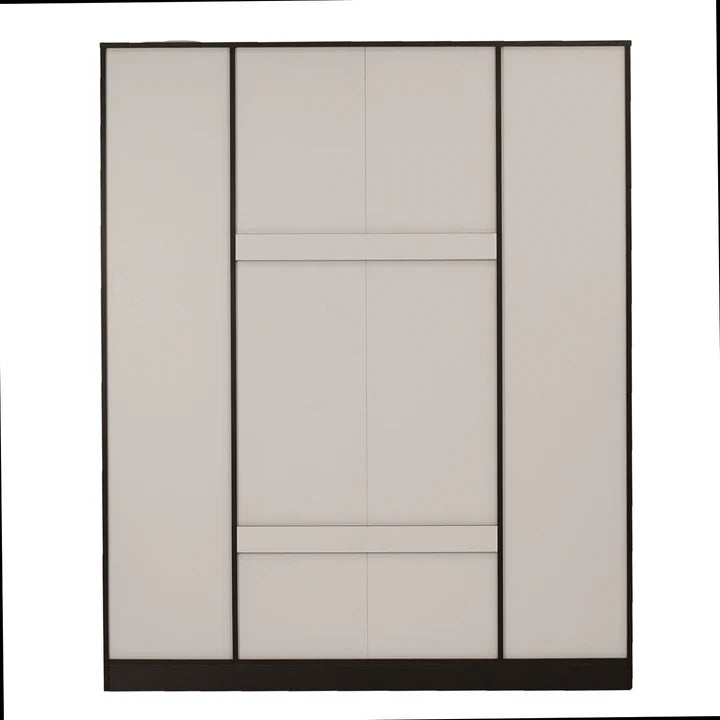 Wardrobe in Particle Wood with 4 Doors and Mirror – Elegant Storage Solution for Bedrooms with Hanging Rod, Shelves, and Drawer Space