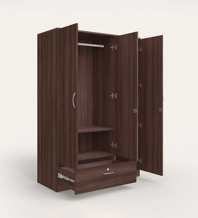 Wooden Almirah for Home Furniture in Particle Board Material – 3 Door with 1 Drawer, Stylish Handles for Bedroom Storage