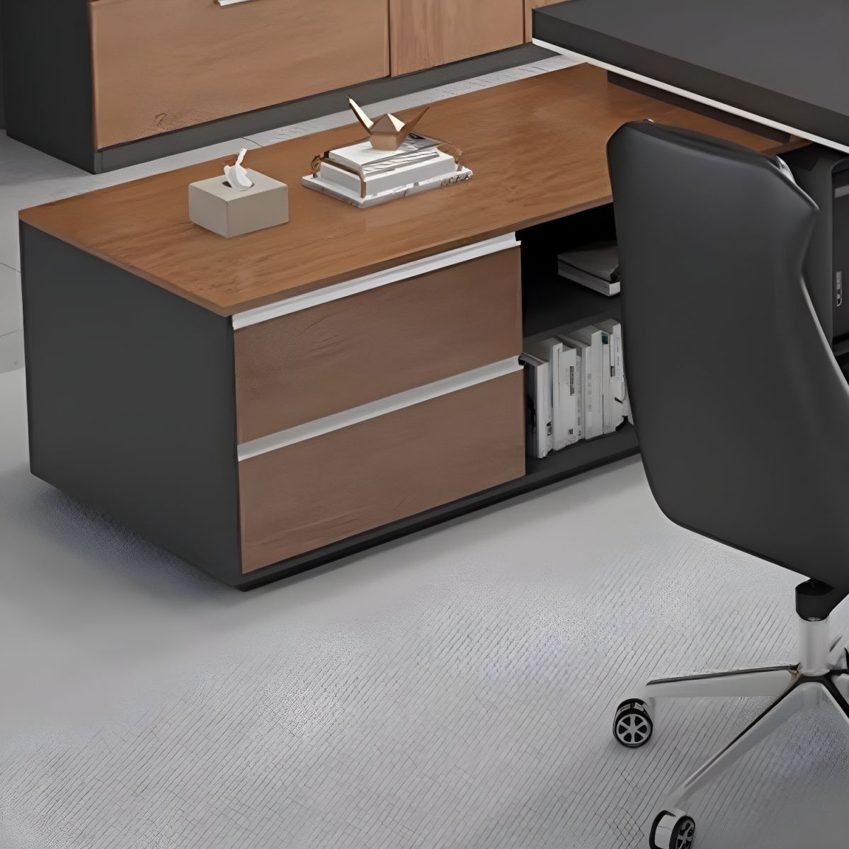 Director & Executive L-Shape Office Table Luxury Desk Made in MDF with Side Unit Drawer and Storage Wire Manager - Brown