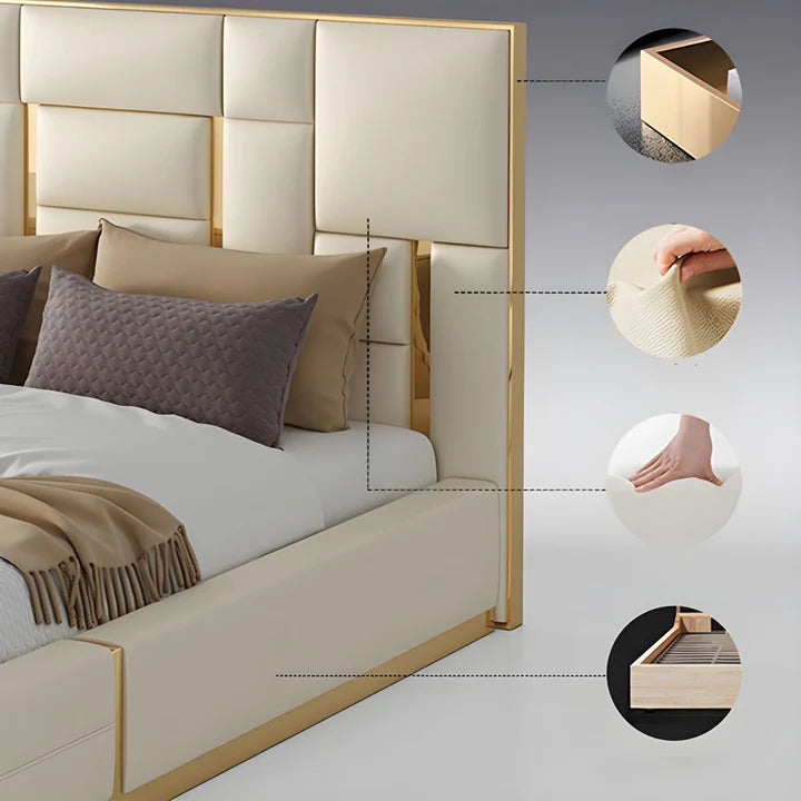 Queen Bed for Home Furniture with Upholstered headboard with sleek metal accents for your luxury Bedroom.