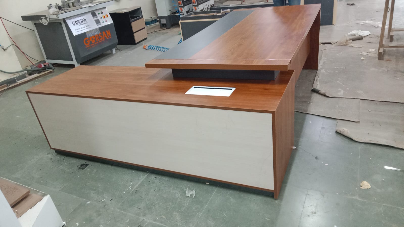 Director Office Table Made In Particle Board with Side Unite and Drawers & CPU Space - Teak Walnut Finish