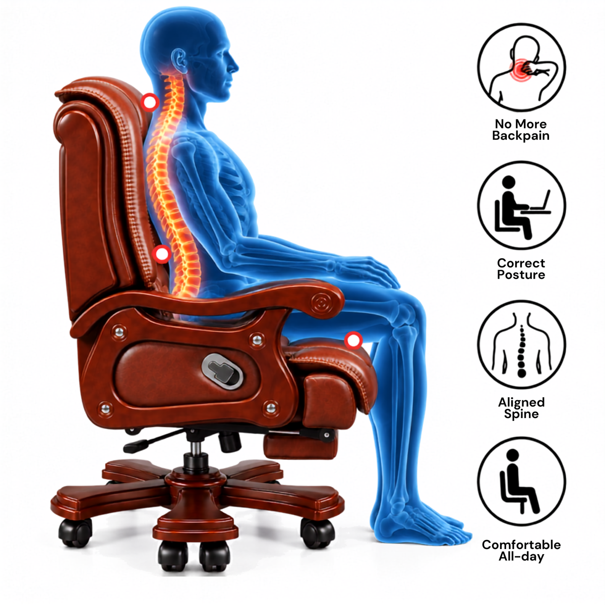 High Back Luxury Office Director Chair Made in Plyboard with Leatherette and High Density Foam & Recliner Feature and Double Wheel with wooden Polish
