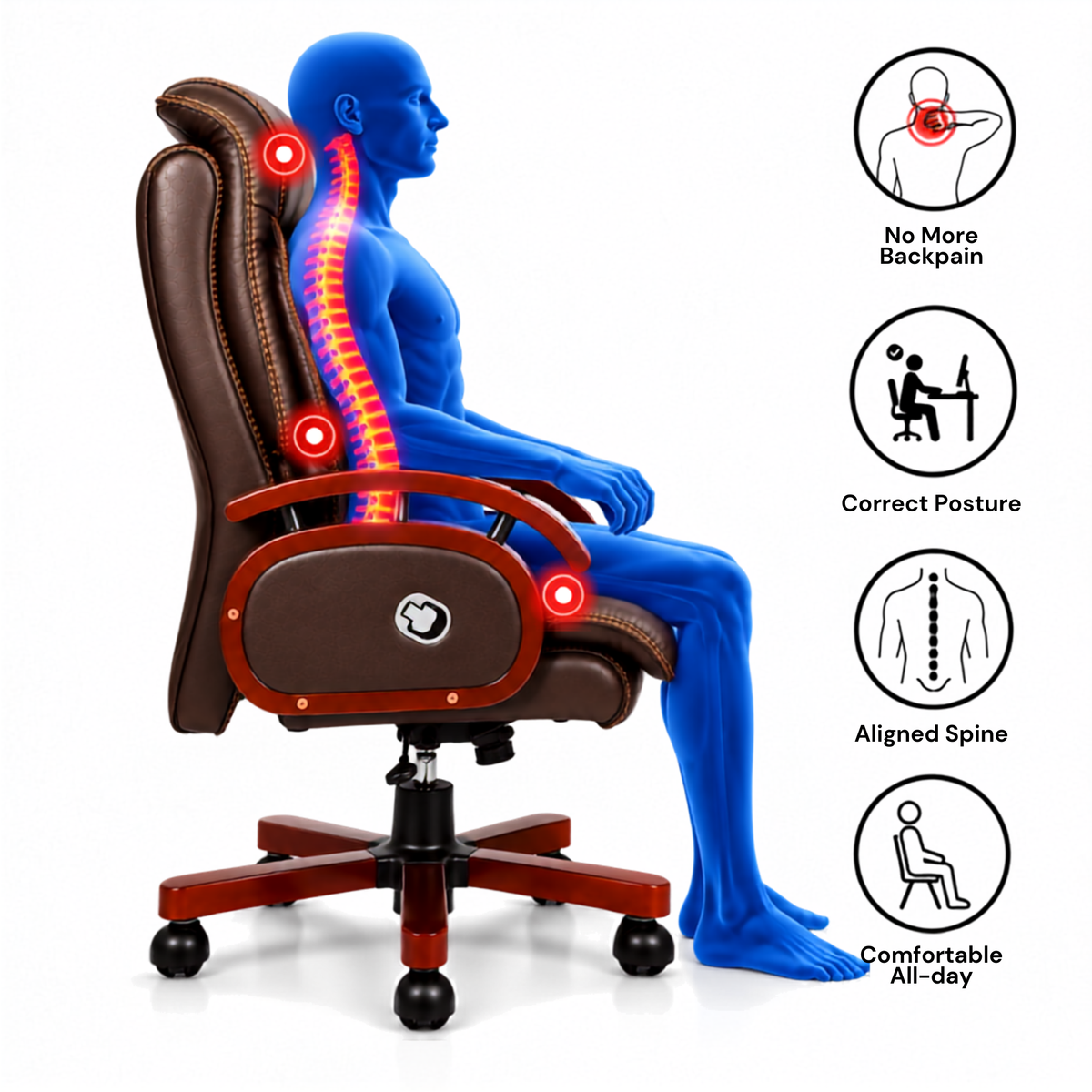 High Back Leatherette and Pure Leather Wooden Director Office Chair with Wooden Base and Handle, Wooden chair