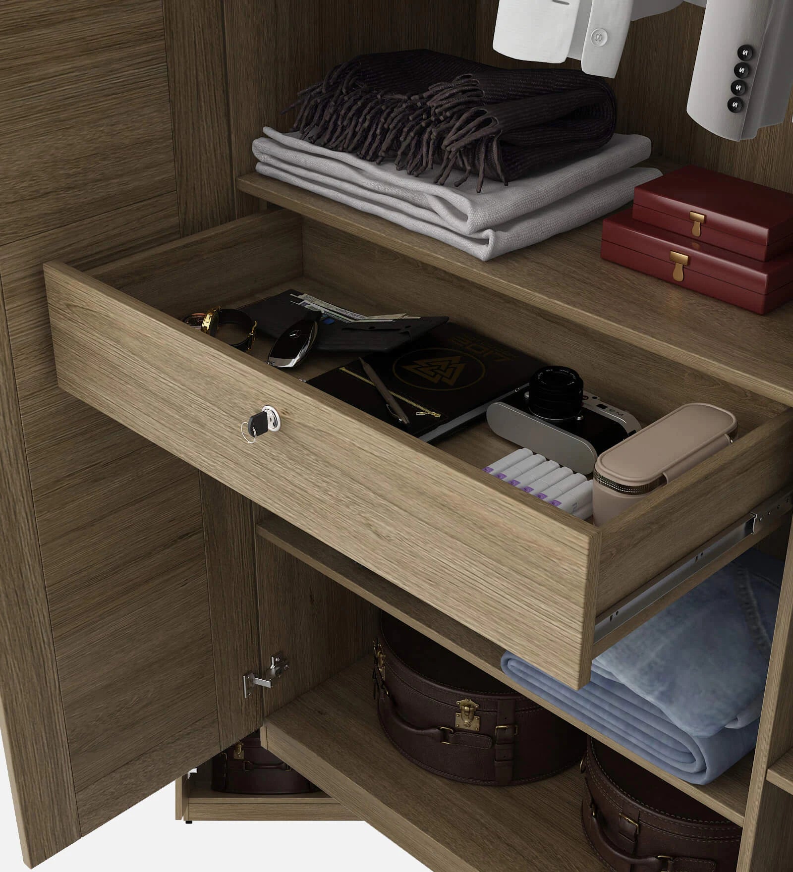 Wardrobe 3‑Door with Stylish Design, Drawers & Shelves, with Multi-Storage Options with Mirror