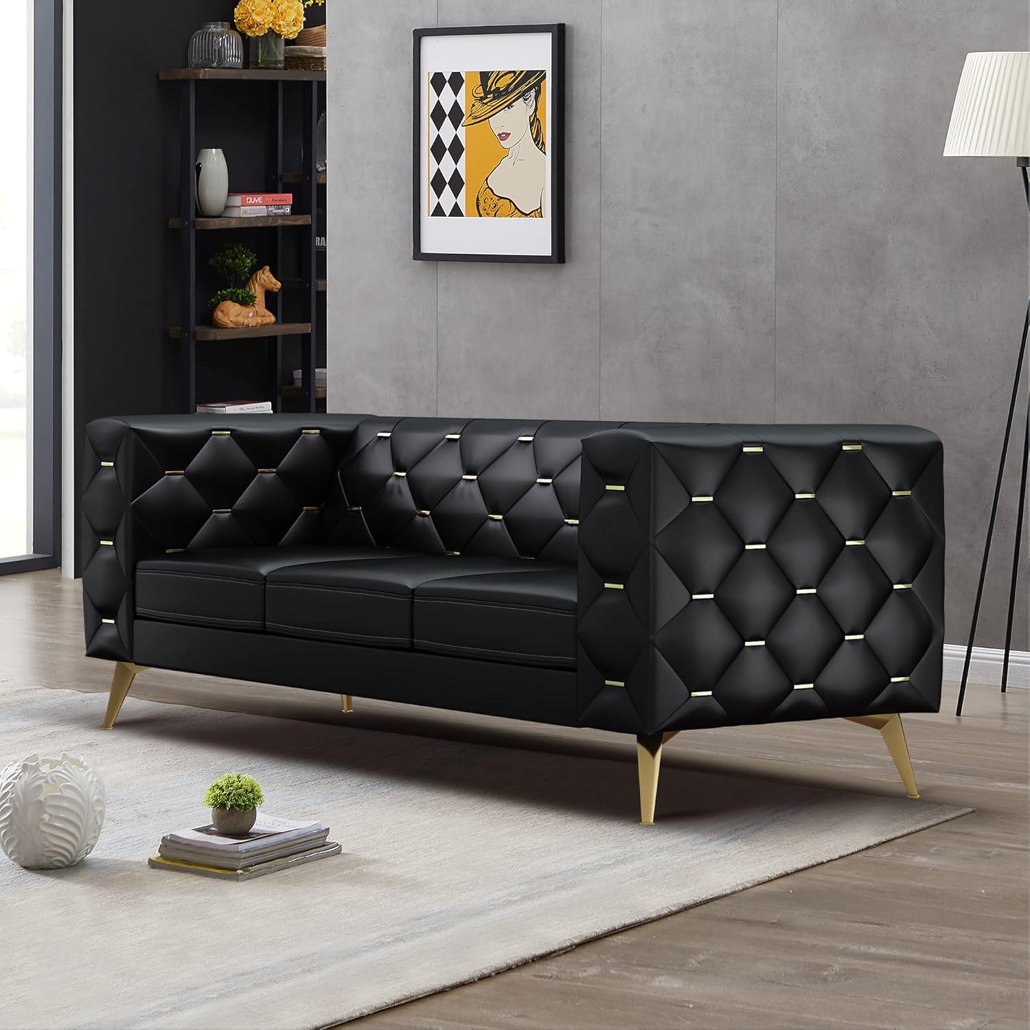 3 Seater Sofa For Home Furniture Made in ply with Leatherette and Tufted Back & MS Legs Powder Coated