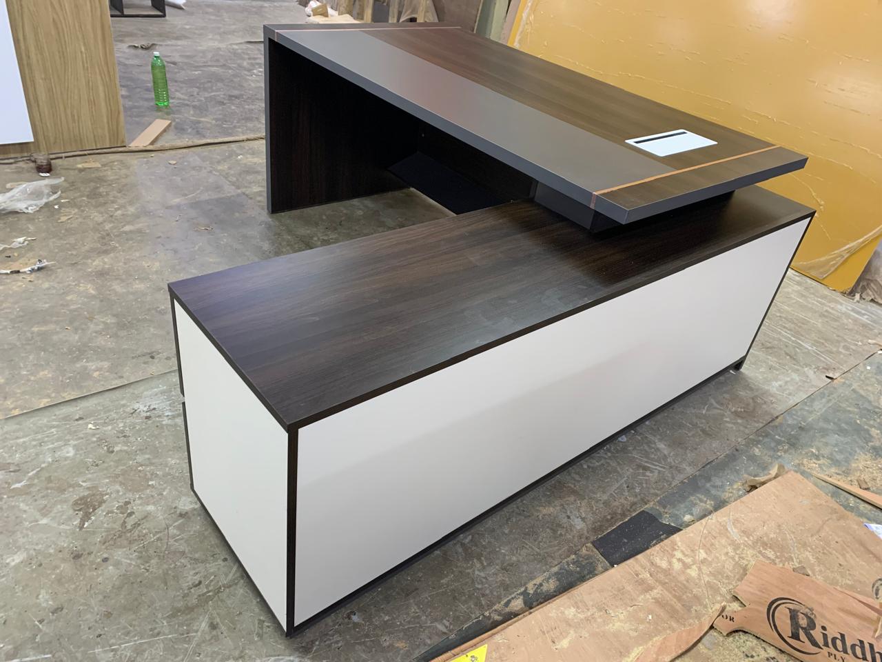 Director Office Table Made In Particle Board with Side Unite and Drawers & CPU Space - Teak Walnut Finish