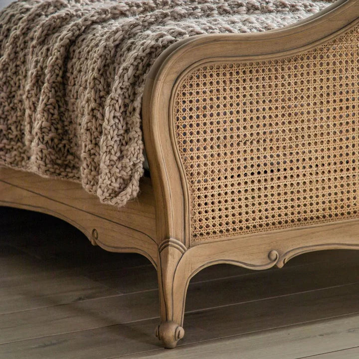 King Size Bed – Solid Wood Frame, Royal Look, Elegant Headboard, Luxury Finish, Wood Cane Bed – Handcrafted Elegance, Rattan Panel Design