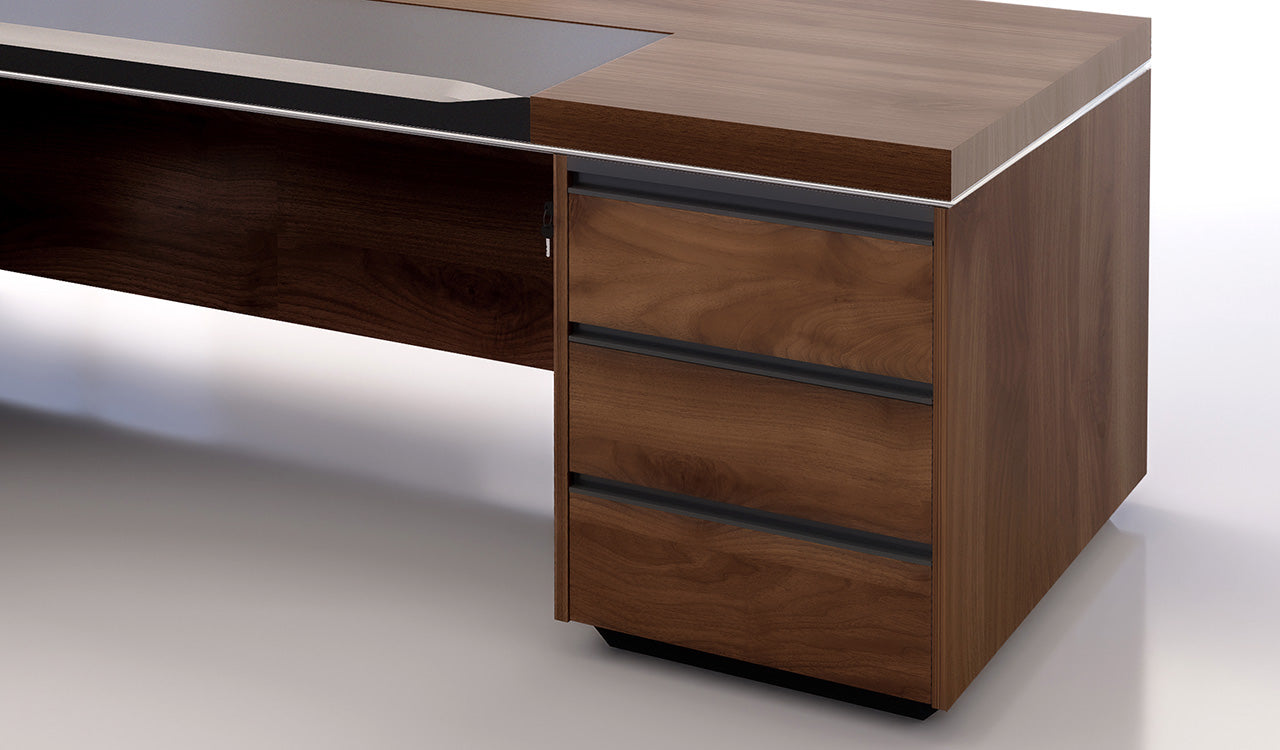 पार्टिकल बोर्ड से बनी डायरेक्टर ऑफिस टेबल, साइड यूनिट और दराज़ और सीपीयू स्पेस के साथ - टीक वॉलनट फ़िनिश