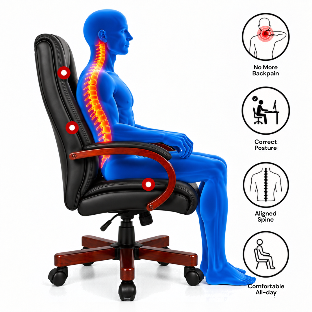 Stylish Leatherette Director and Boss Office Chair with Wooden Handle and Base