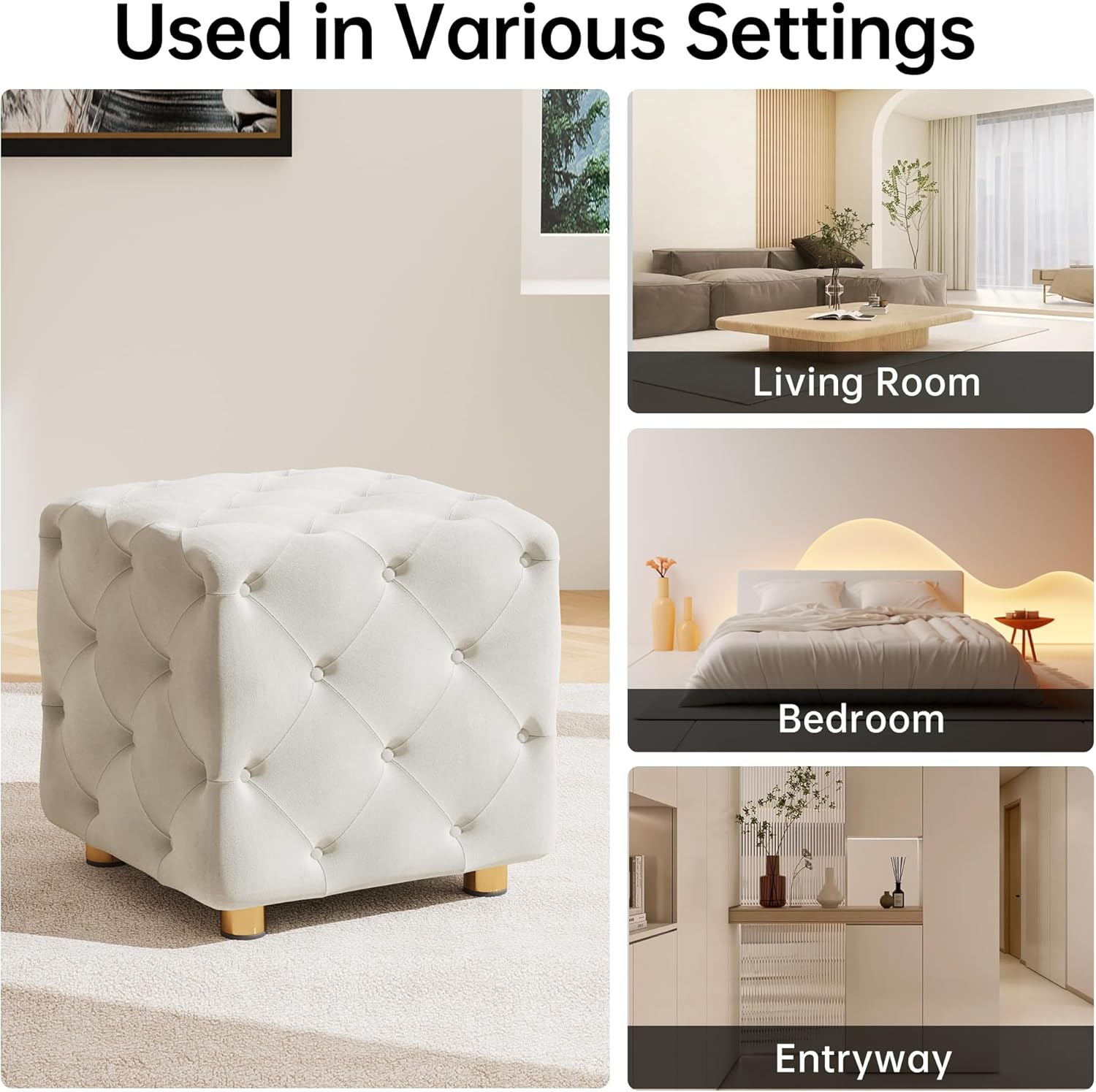 Ottoman For Home Furniture Upholstery Velvet, Foot Rest Modern And Durable Design Comfortable Seating & with Storage for Living Room - Off White