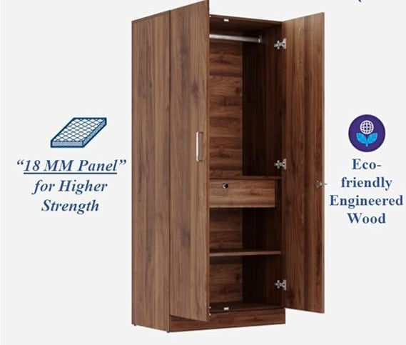 Wooden Wardrobe with Modern Design &amp; Durable Self with 2 Door, Drawer & Mirror