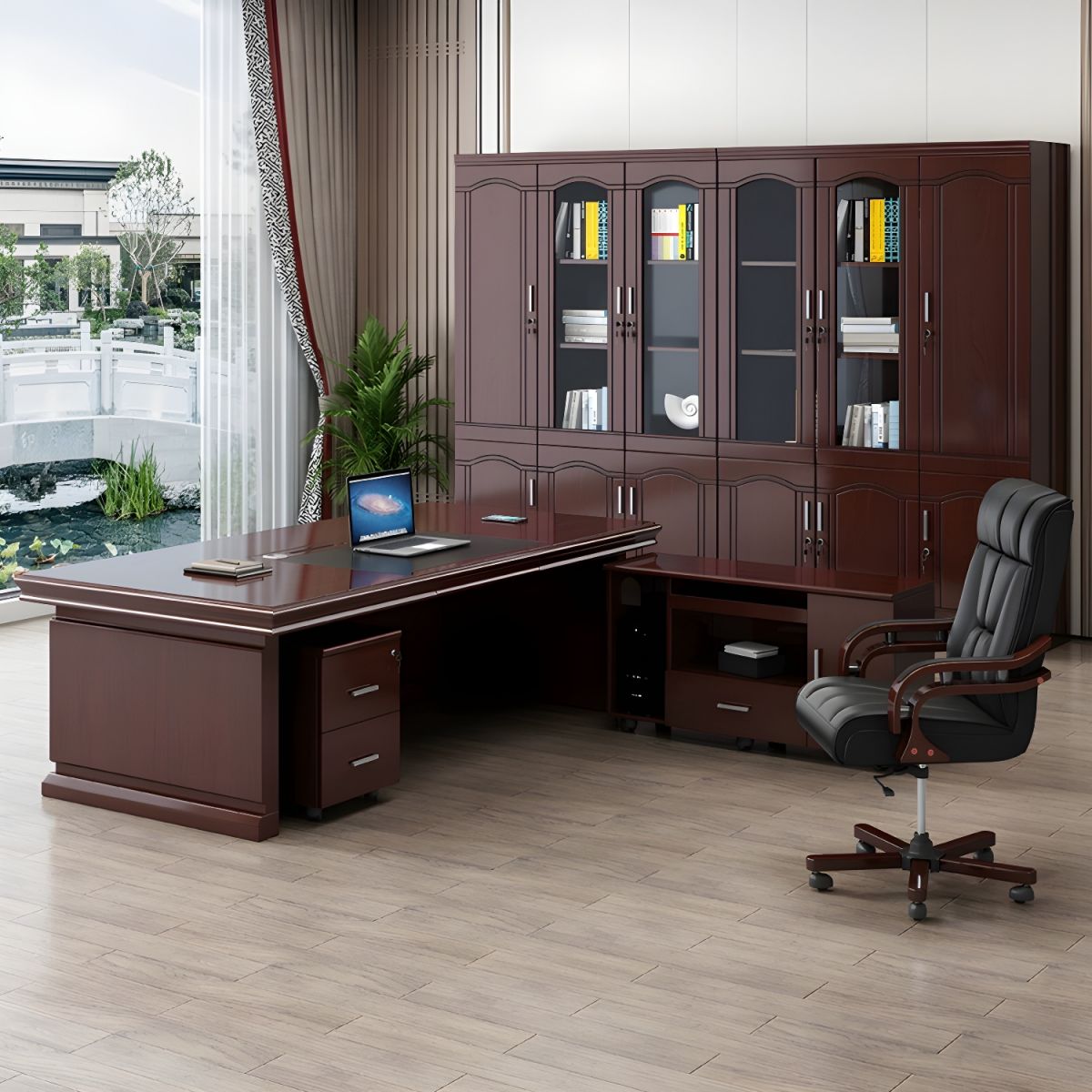 Director & Executive Rectangular Office Table Luxury Desk Made in Plywood with Veneer Reversible Orientation Side Unit Drawer, Storage Along with Wire Manager & CPU Storage - Red