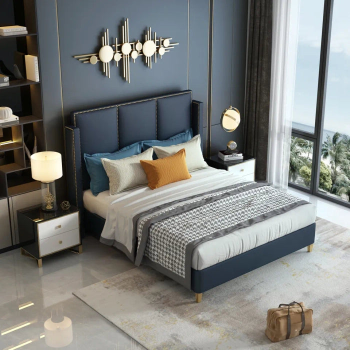 Luxury Blue King Size Bed, Leatherette Upholstered Plywood Frame, Sleepwell Foam