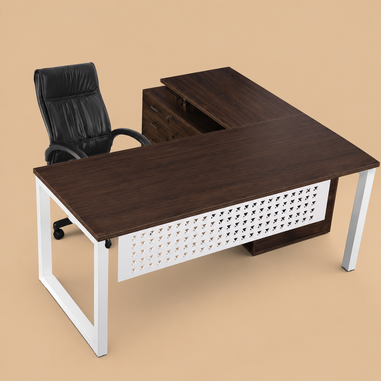 Director and Executive L Shape Office Table Made in Particle Board with Drawer Pedestal & Metal Modesty