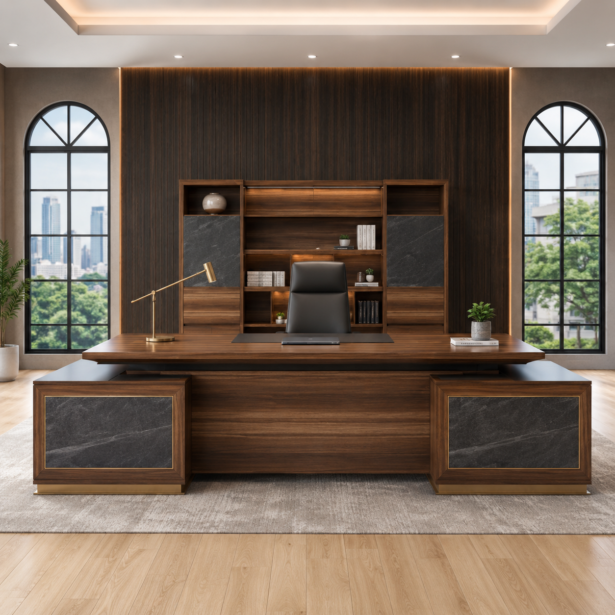 Director & Executive L-Shape Luxury Office Table with Modern Desk Design, Featuring Drawer and CPU Space, Stylish and Elegant Walnut Finish