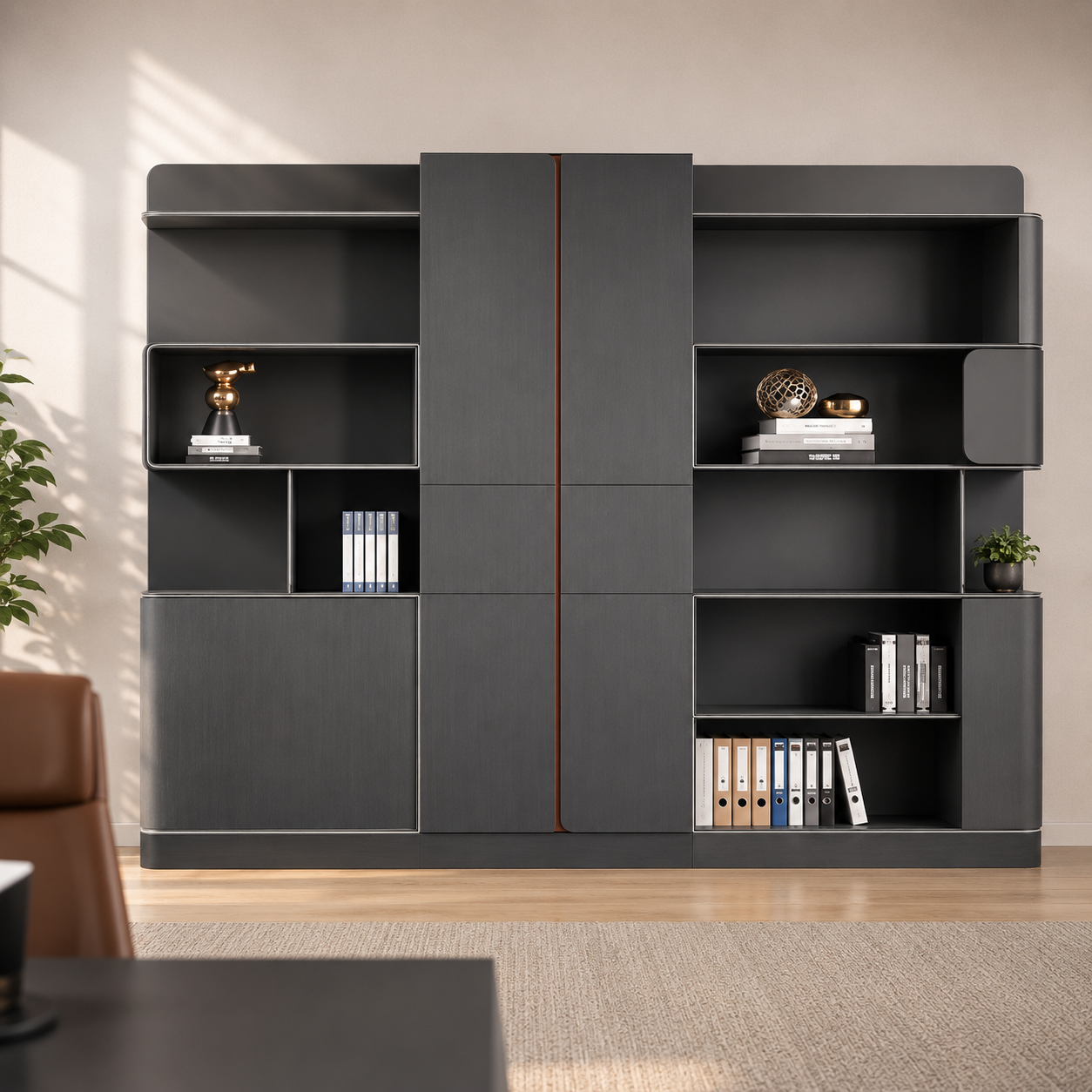 Cabinet featuring spacious open shelves, concealed storage compartments, and premium modern styling for offices, libraries, and executive interiors.