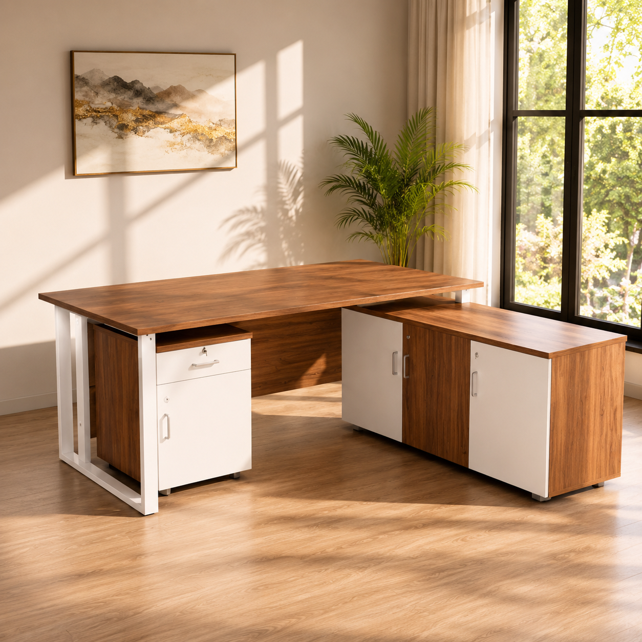 Director and Executive L shape Table in Engineered Wood Teak Finish With File Cabinate And Drawer