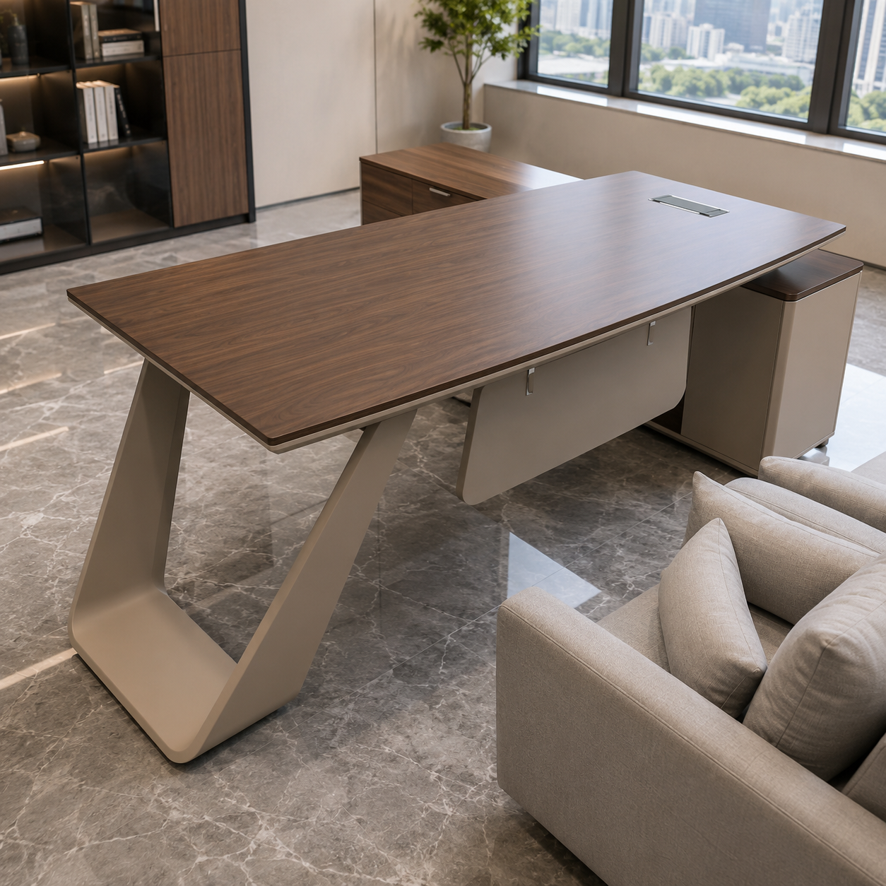 Director L-Shape Table Luxury Modern Office Desk with Made in MDF/Plywood with Side Unit and wire Manager - Beige Color