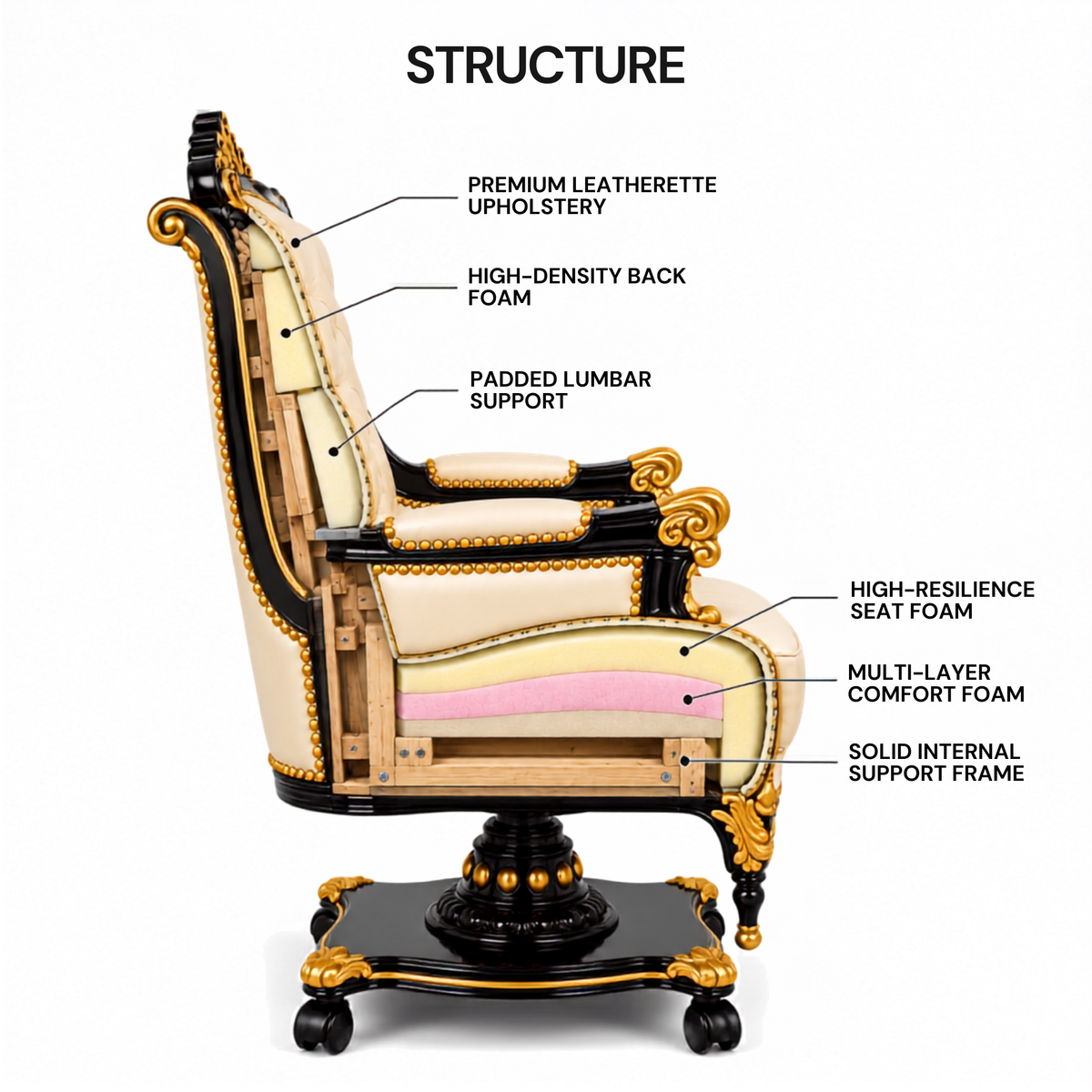 Luxury Royal Executive Office Chair with Tufted Upholstery, Hand-Carved Wooden Frame, High Back Swivel Chair for CEO Cabin & Home Office