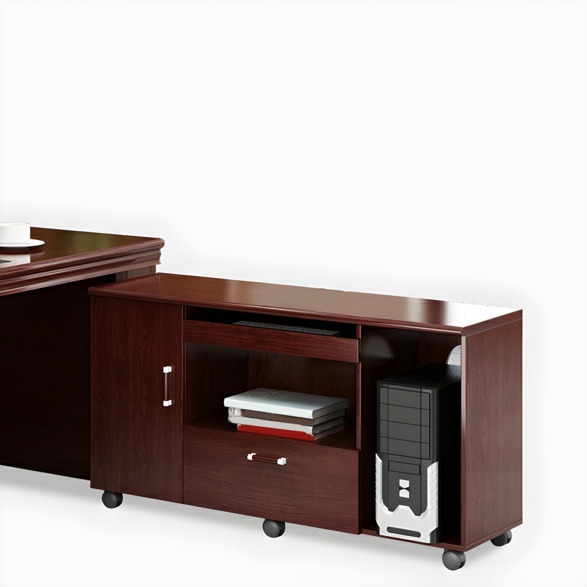 Director & Executive Rectangular Office Table Luxury Desk Made in Plywood with Veneer Reversible Orientation Side Unit Drawer, Storage Along with Wire Manager & CPU Storage - Red