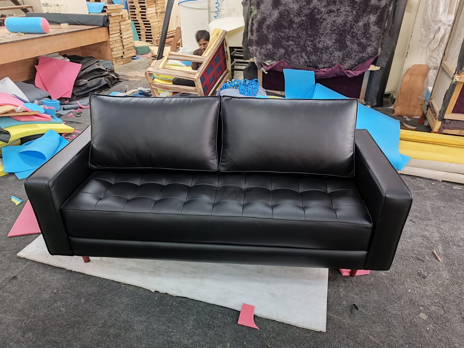 3 Seater Leatherette Sofa with Wooden Legs