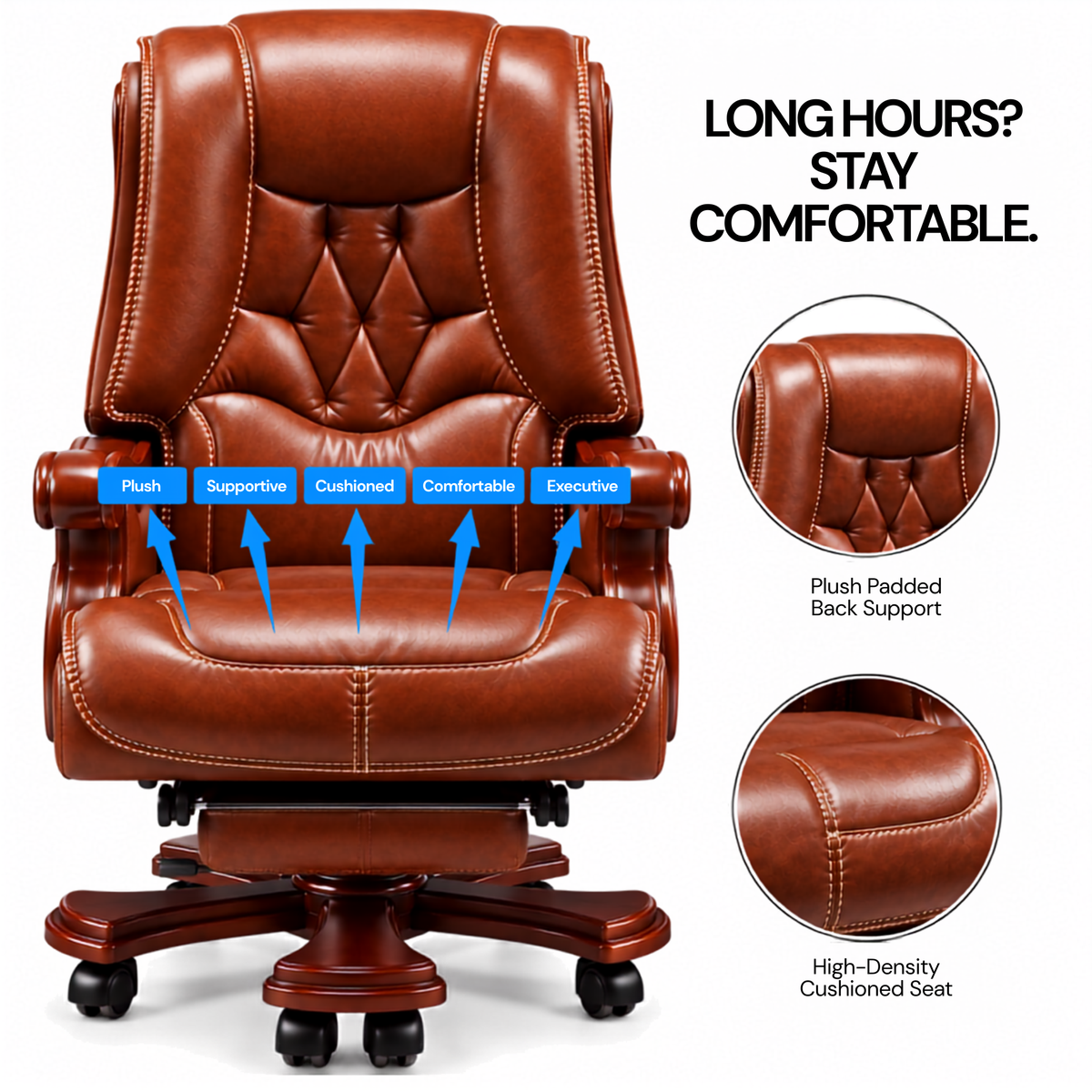 High Back Luxury Office Director Chair Made in Plyboard with Leatherette and High Density Foam & Recliner Feature and Double Wheel with wooden Polish