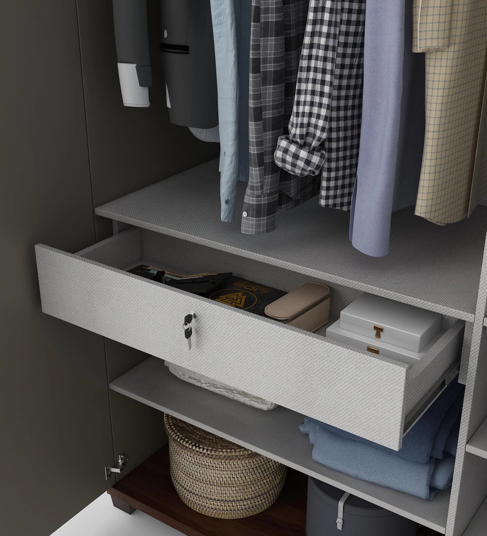 Wardrobe 3‑Door with Hanging Spaces, Drawers & Shelves, Frosty Combination with Ample Compartments