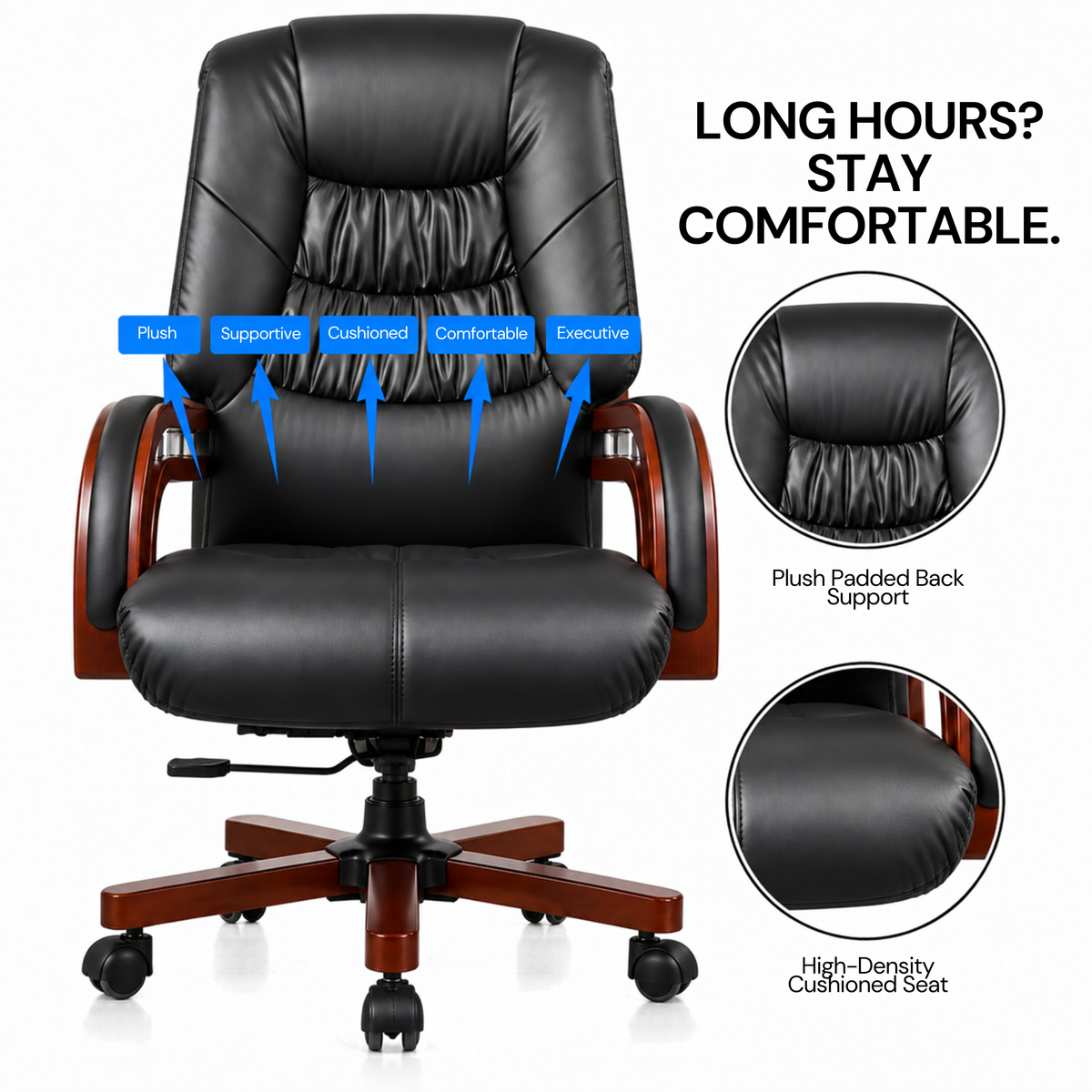 High Back Director Chair for office Made in Plyboard with Leatherette Upholstery & Armrest with wooden WheelBase & Revolving Chair -black