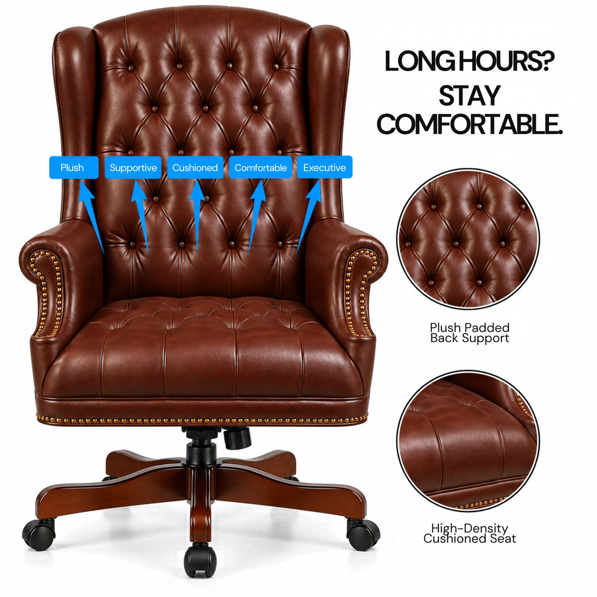 Luxury Wingback Swivel Chair with Wooden Base and Classic Tufted Style Director Desk Chair