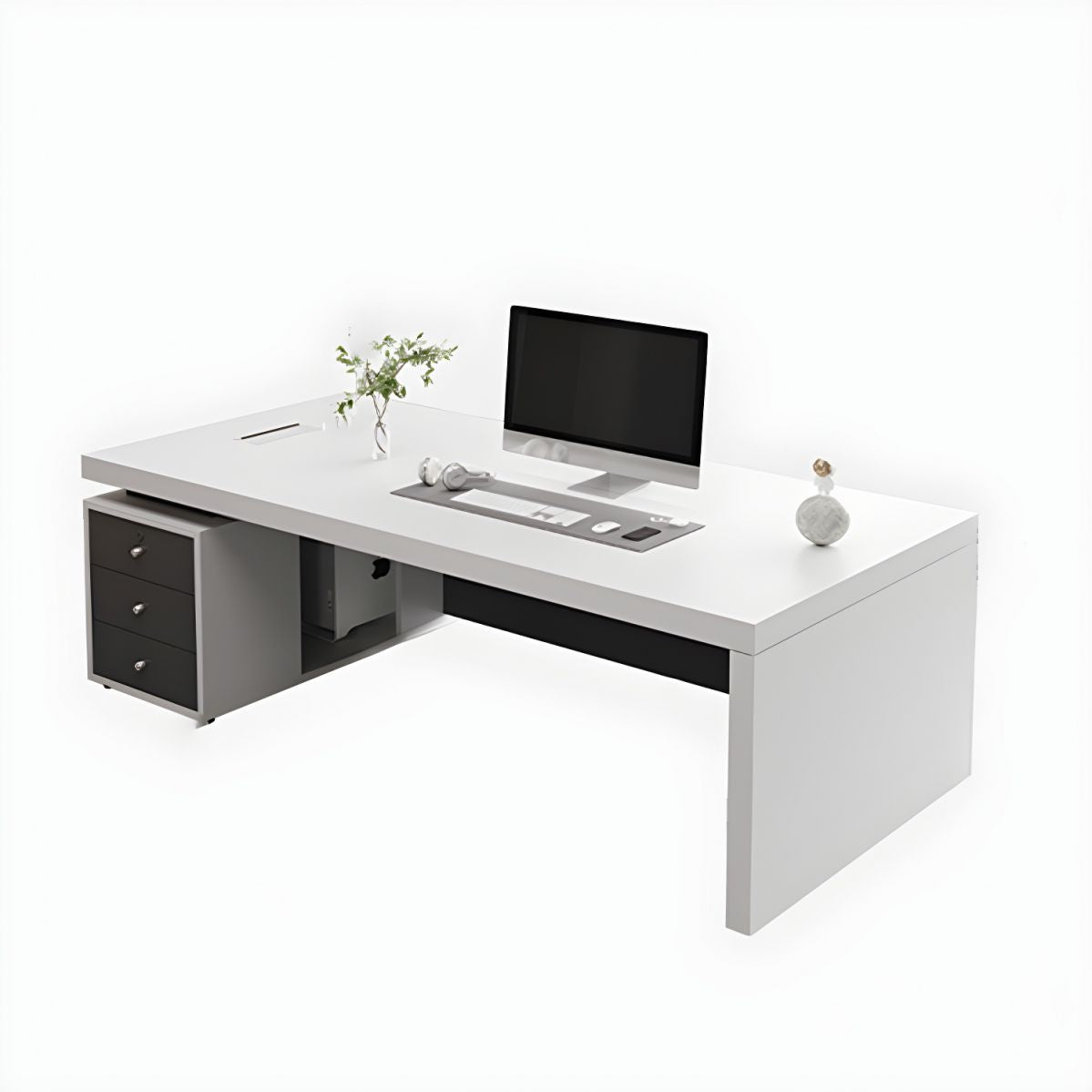 Director & Executive Rectangular Office Table Luxury Desk Made in Particle Board with Drawer and CPU Storage, Wire Manager - White