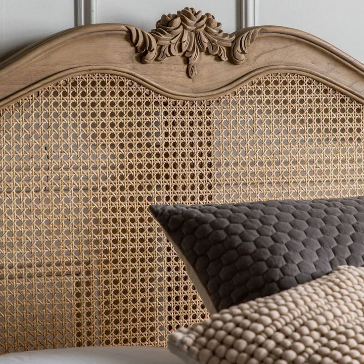 King Size Bed – Solid Wood Frame, Royal Look, Elegant Headboard, Luxury Finish, Wood Cane Bed – Handcrafted Elegance, Rattan Panel Design