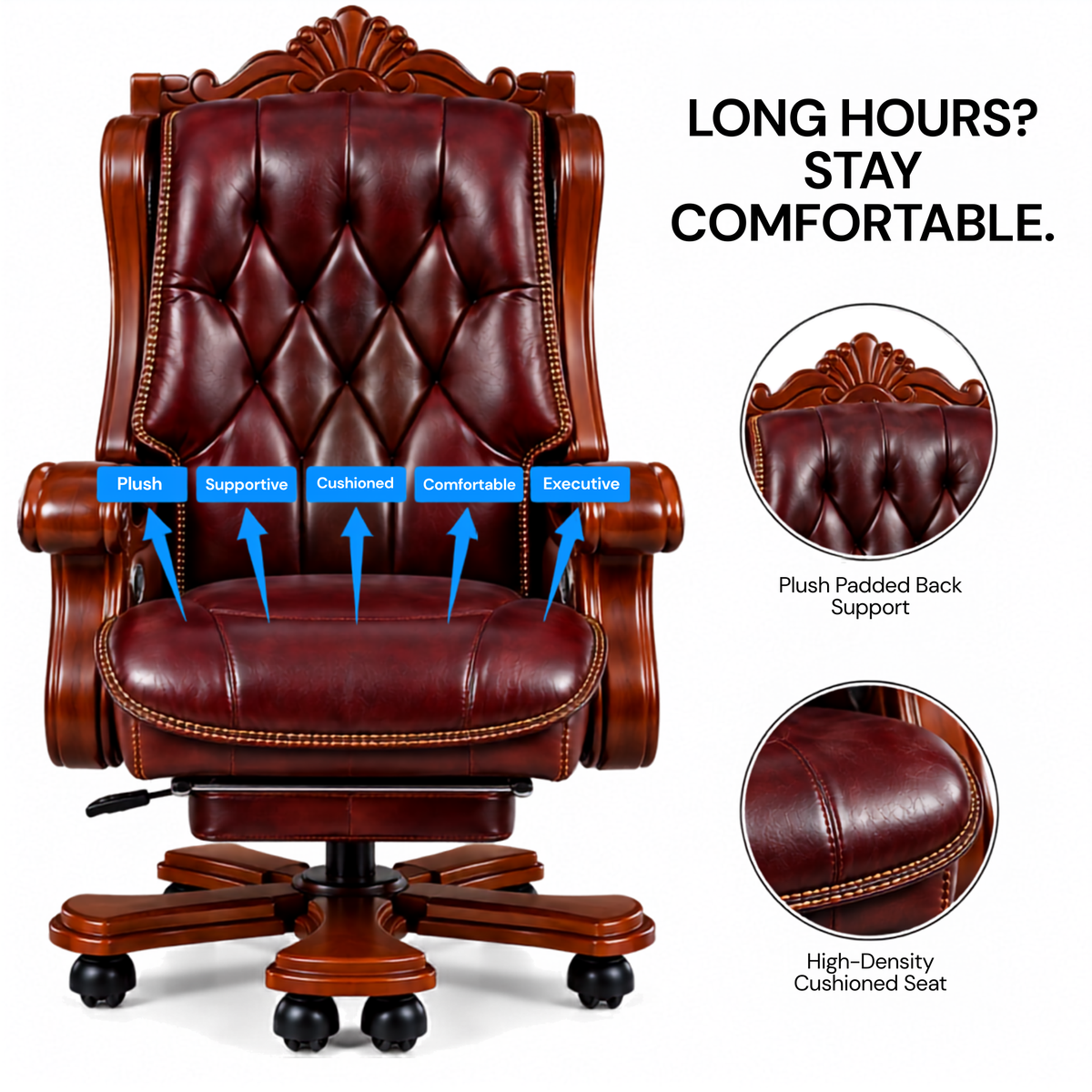 Luxury Office Director Chair Made in Teak wood with Leatherette and Soft Padded - Armrest and Swivel Base and Polish, 150° Reclining Office Seat -Brown